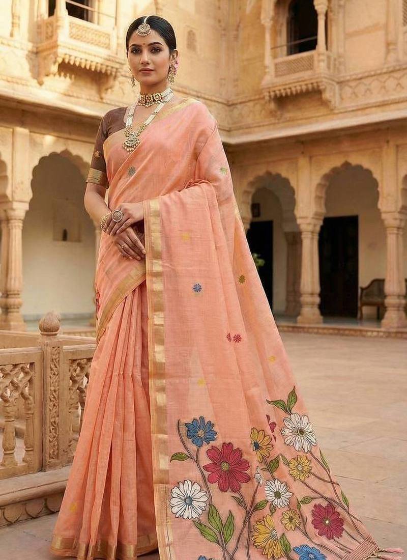 Peach Color Meenakari Zari  weawing border Work Cotton Saree