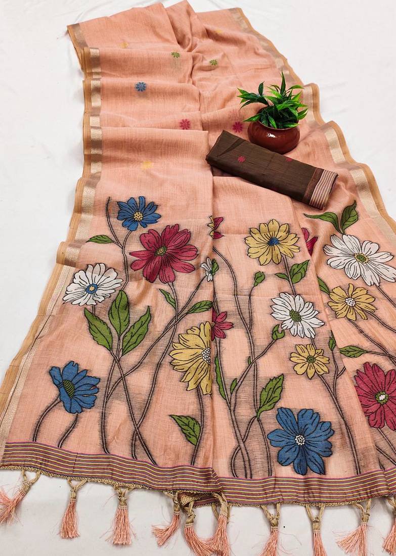 Peach Color Meenakari Zari  weawing border Work Cotton Saree