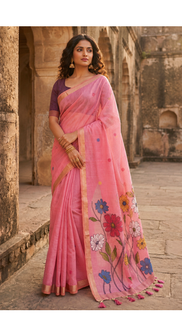 Pink Color Meenakari Zari  weawing border Work Cotton Saree 1