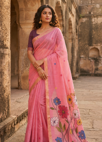 Pink Color Meenakari Zari  weawing border Work Cotton Saree