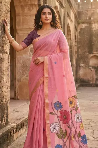 Pink Color Meenakari Zari  weawing border Work Cotton Saree
