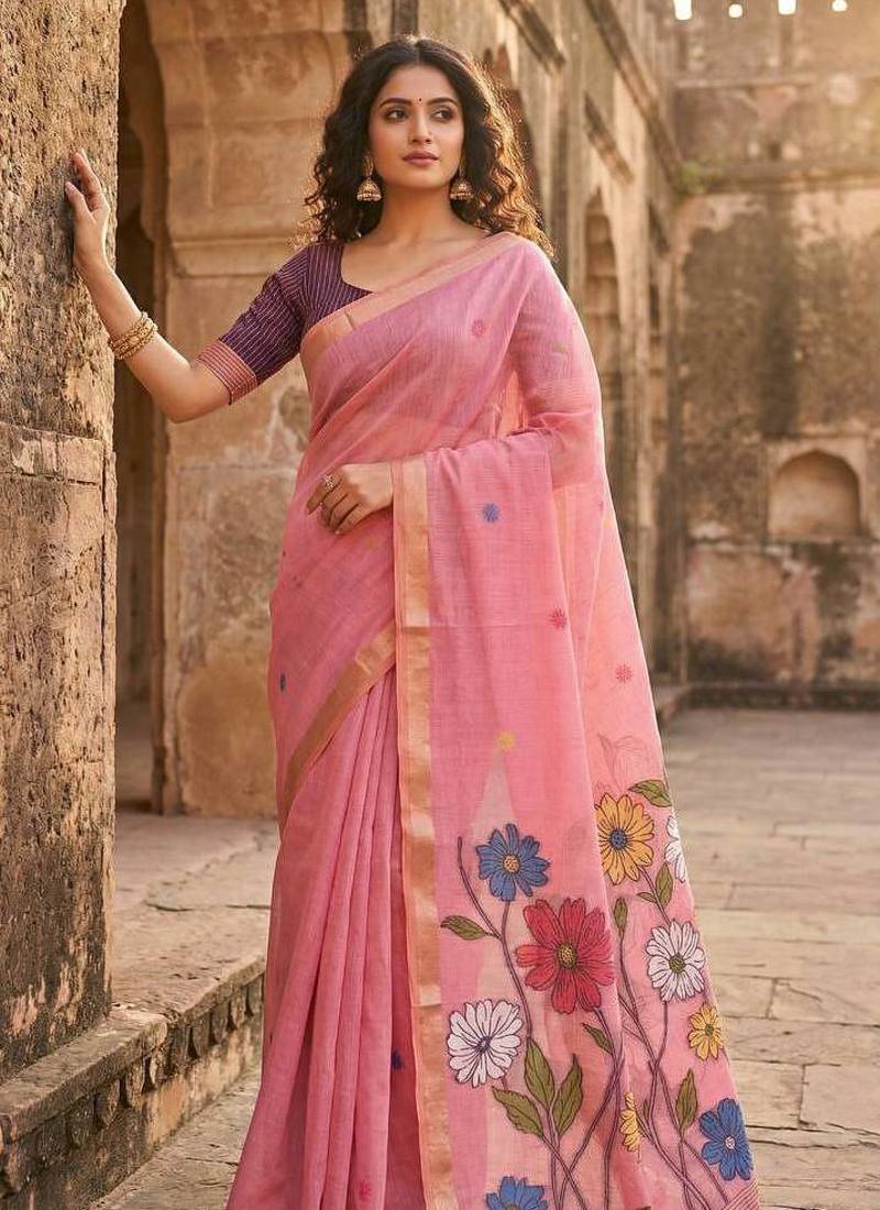 Pink Color Meenakari Zari  weawing border Work Cotton Saree