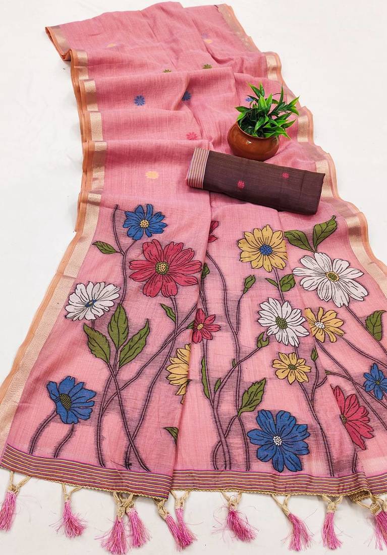 Pink Color Meenakari Zari  weawing border Work Cotton Saree