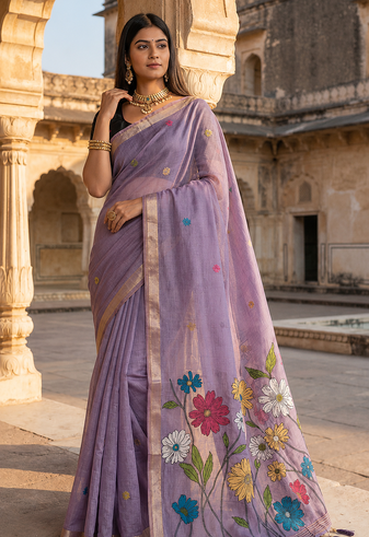 Purple Color Meenakari Zari  weawing border Work Cotton Saree