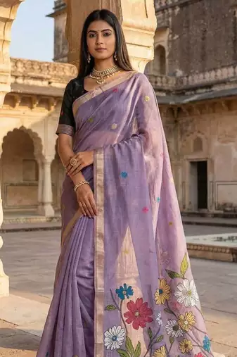 Purple Color Meenakari Zari  weawing border Work Cotton Saree