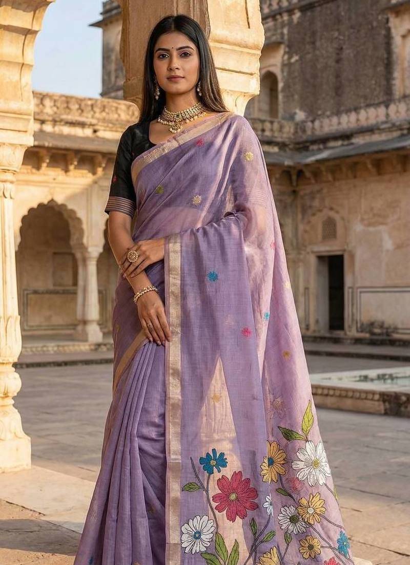 Purple Color Meenakari Zari  weawing border Work Cotton Saree