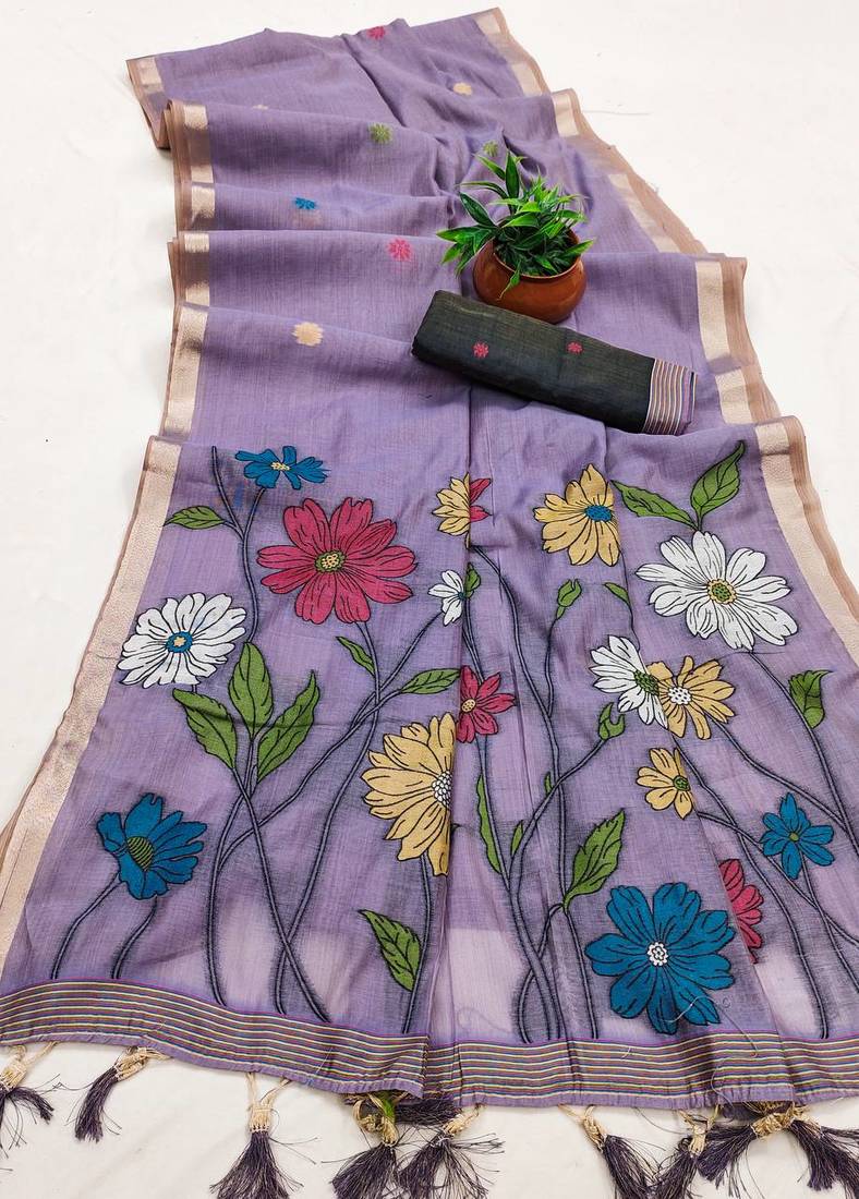 Purple Color Meenakari Zari  weawing border Work Cotton Saree