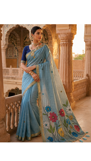 Sky Blue Color Meenakari Zari  weawing border Work Cotton Saree 2