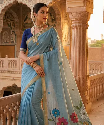 Sky Blue Color Meenakari Zari  weawing border Work Cotton Saree