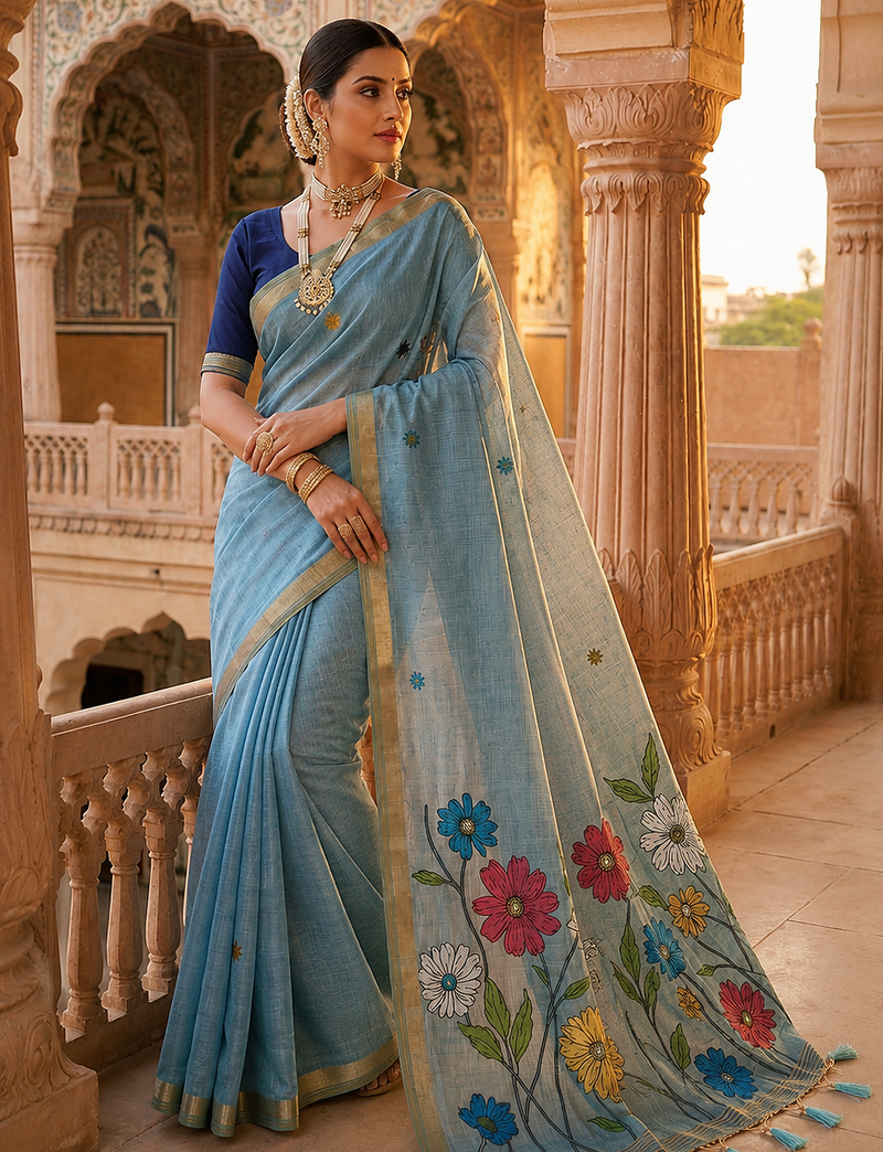 Sky Blue Color Meenakari Zari  weawing border Work Cotton Saree