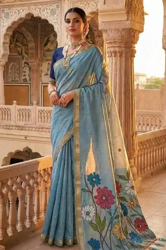 Sky Blue Color Meenakari Zari  weawing border Work Cotton Saree
