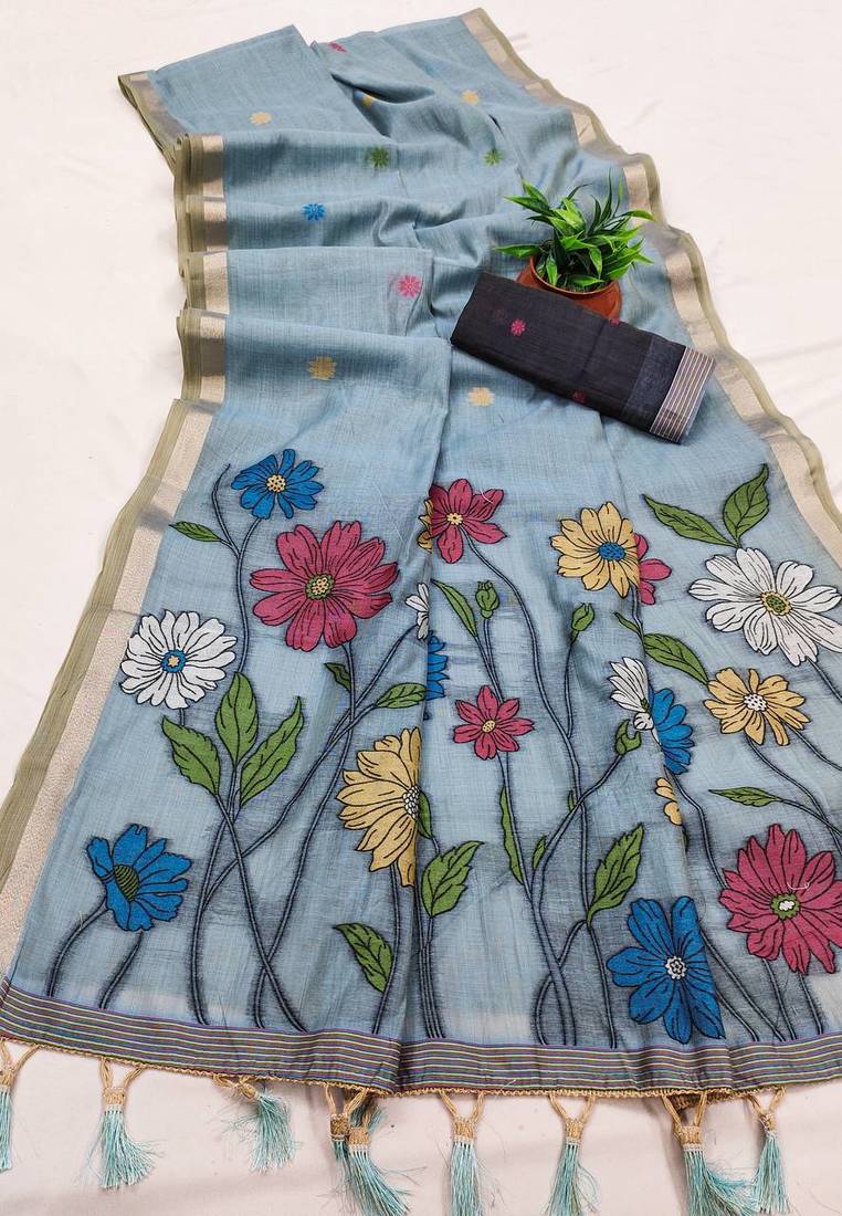 Sky Blue Color Meenakari Zari  weawing border Work Cotton Saree