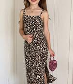 Brown animal print cotton bodycon midi dress