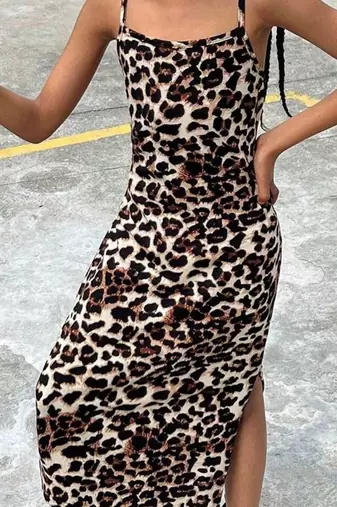 Brown animal print cotton bodycon midi dress