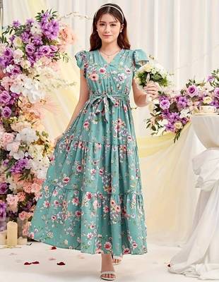 Sky green floral print georgette tiered maxi dress 5