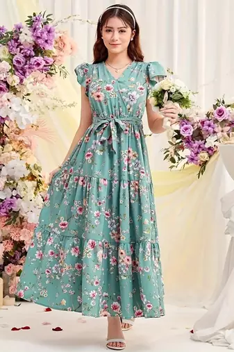 Sky green floral print georgette tiered maxi dress