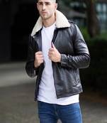 Stylish black genuine lambskin leather classic jacket feather coller & side zipper jacket