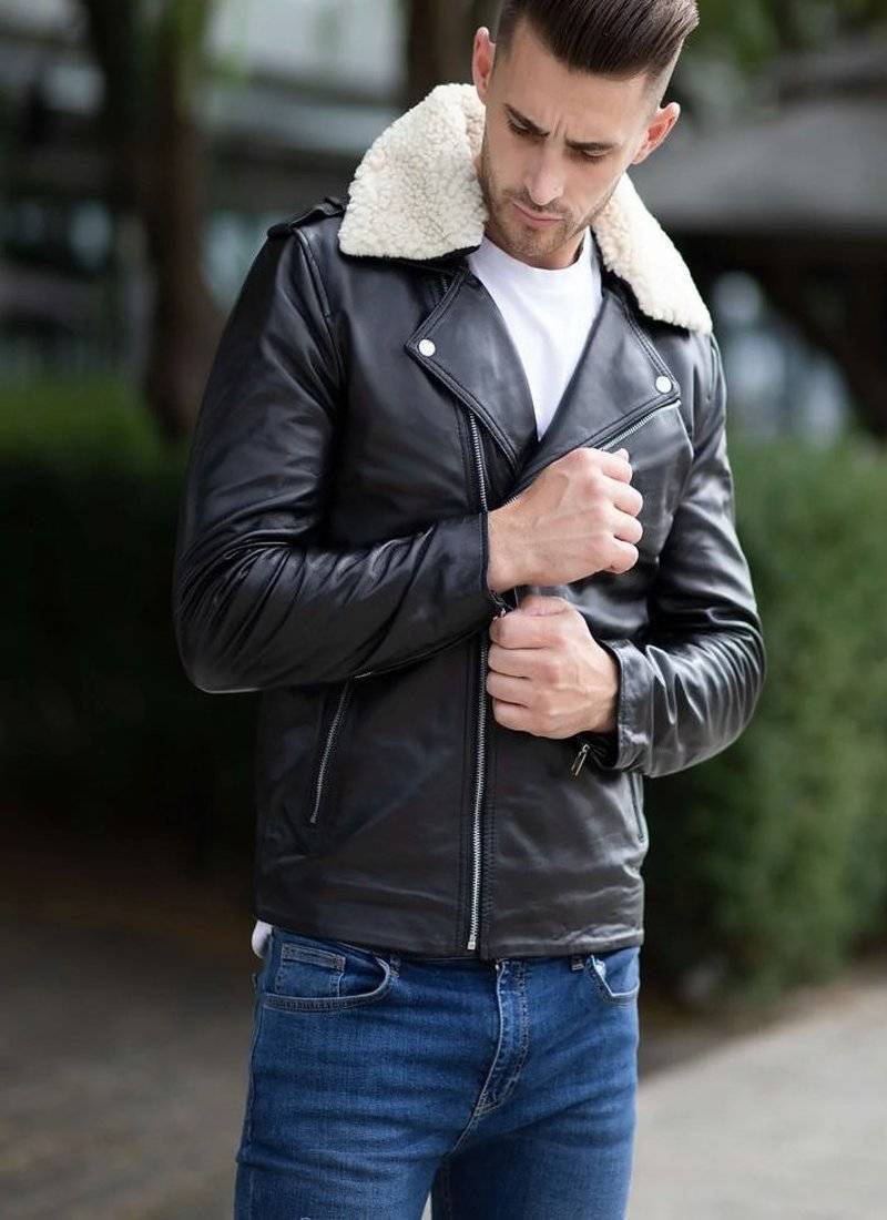 Stylish black genuine lambskin leather classic jacket feather coller & side zipper jacket