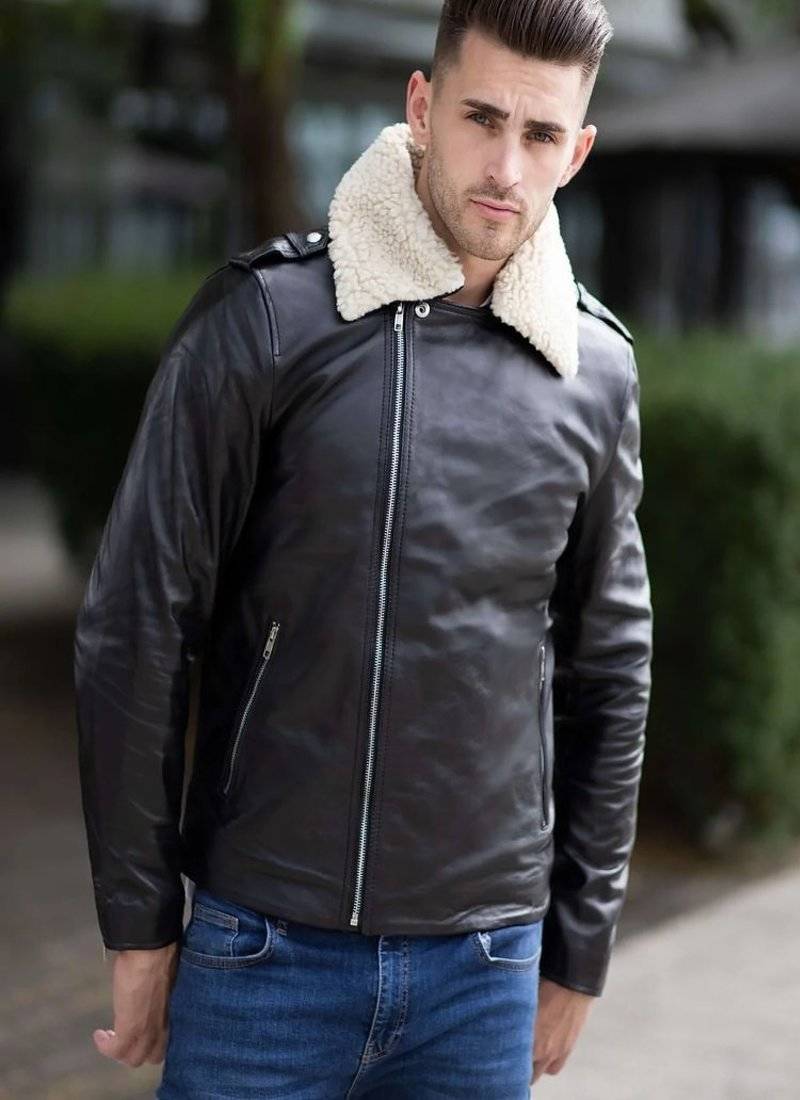 Stylish black genuine lambskin leather classic jacket feather coller & side zipper jacket