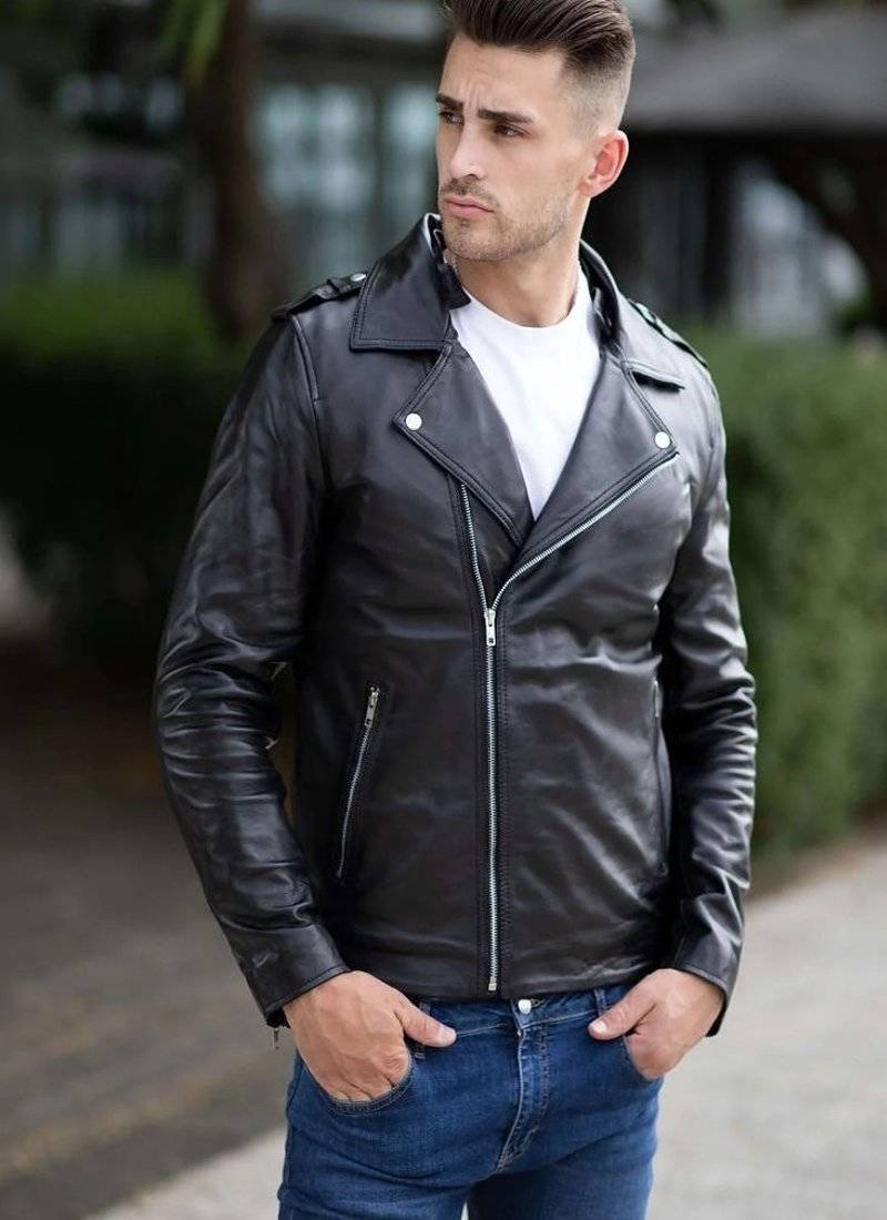 Stylish black genuine lambskin leather classic jacket feather coller & side zipper jacket