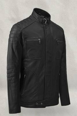 men's black lambskin leather biker jacket quilted shoulder detailing stylish 2