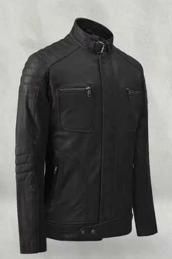 men's black lambskin leather biker jacket quilted shoulder detailing stylish