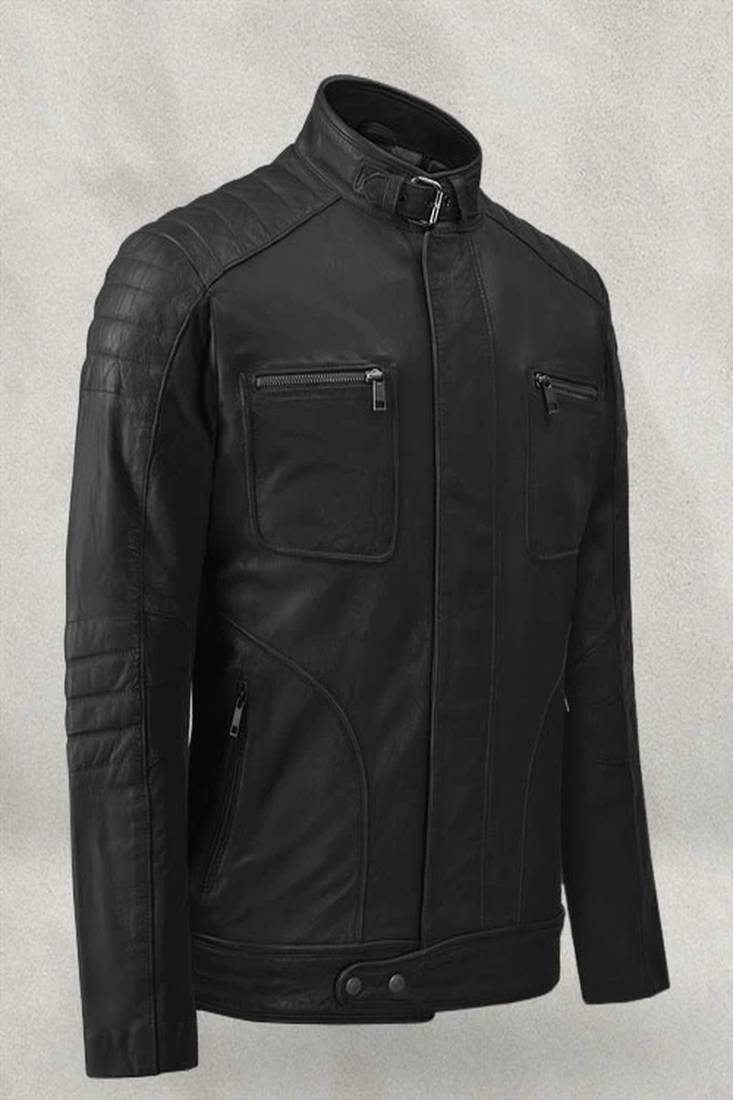 Stylish black color lambskin soft  leather jacket classic look 2 pockets quilted shoulder biker