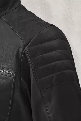 men's black lambskin leather biker jacket quilted shoulder detailing stylish