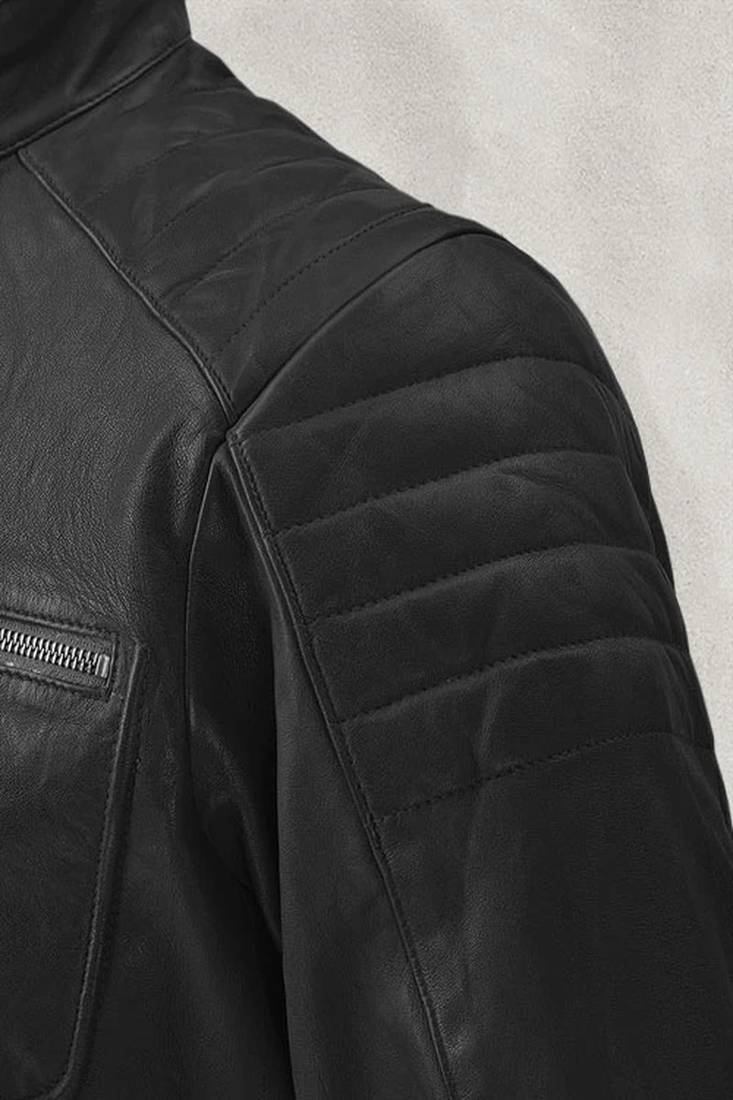 Stylish black color lambskin soft  leather jacket classic look 2 pockets quilted shoulder biker