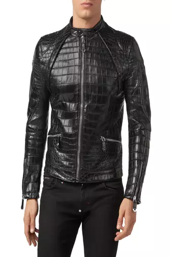 Men's black genuine lambskin  leather jacket-crocdile style & multipal zipper style