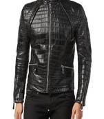 Men's black genuine lambskin  leather jacket-crocdile style & multipal zipper style