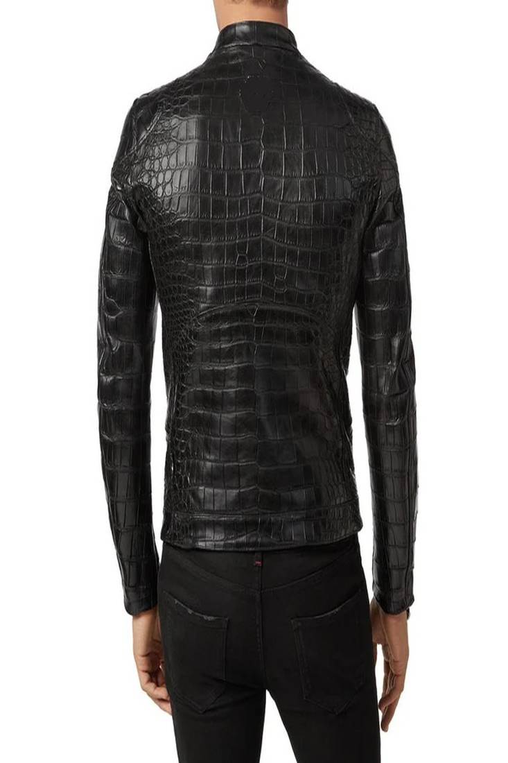 Men's black genuine lambskin  leather jacket-crocdile style & multipal zipper style