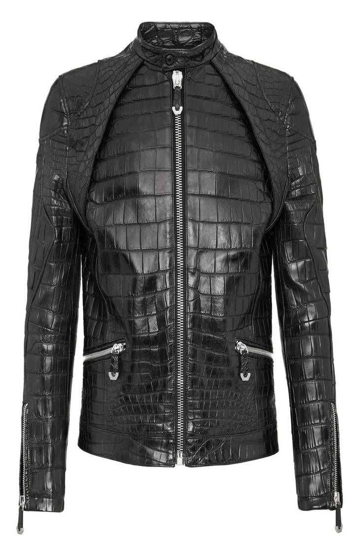 Men's black genuine lambskin  leather jacket-crocdile style & multipal zipper style
