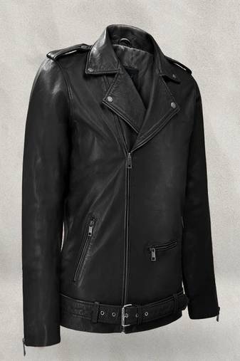 men's black premium lambskin leather jacket adjustable belted waist modern
