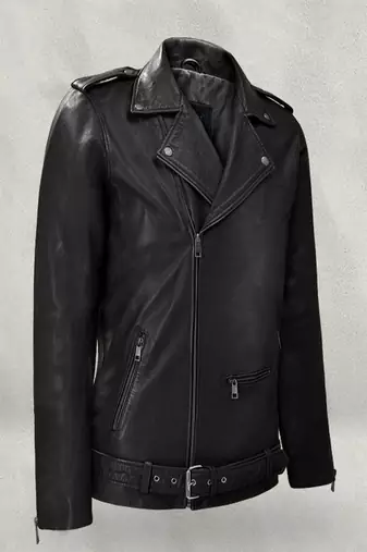Men's black genuine lambskin  leather jacket-cross zipper & waist belt style