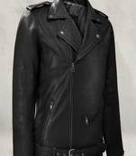 Men's black genuine lambskin  leather jacket-cross zipper & waist belt style