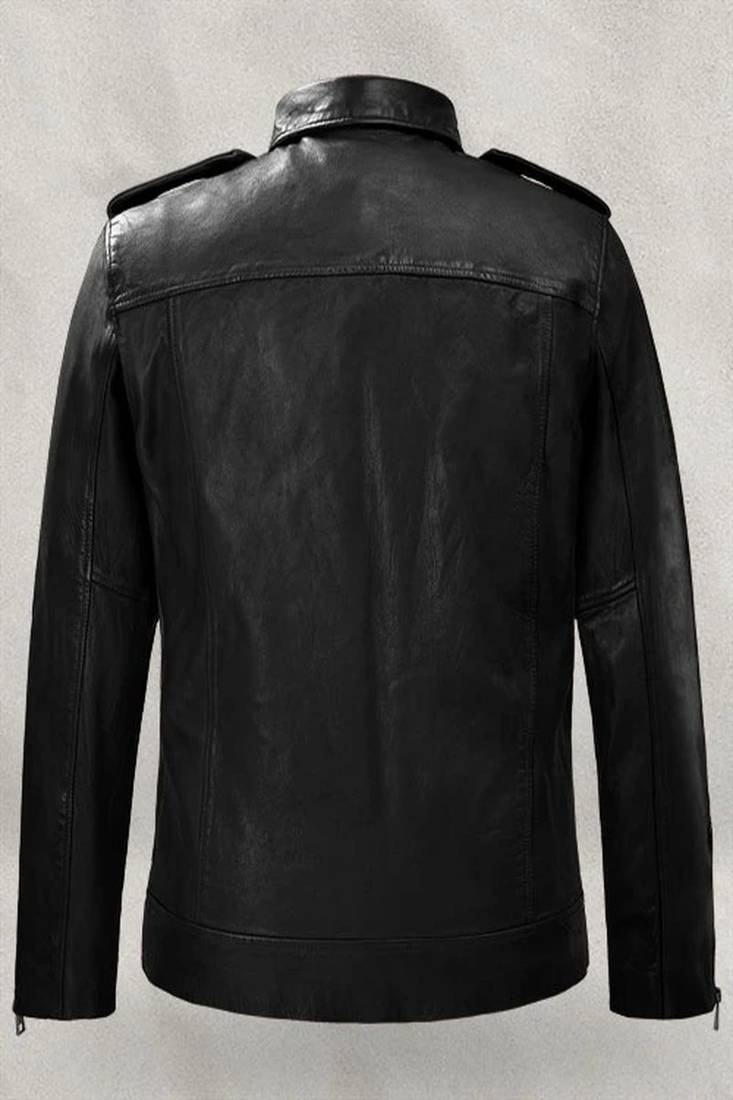 Men's black genuine lambskin  leather jacket-cross zipper & waist belt style
