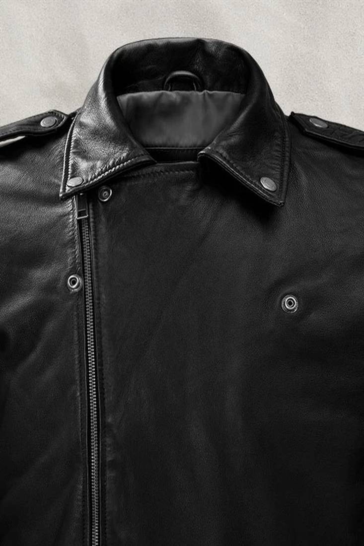 Men's black genuine lambskin  leather jacket-cross zipper & waist belt style