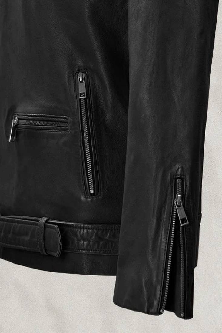 Men's black genuine lambskin  leather jacket-cross zipper & waist belt style