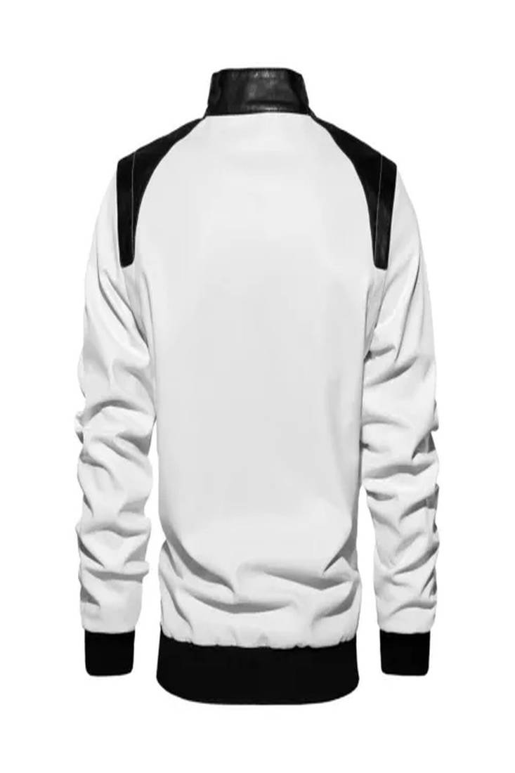 Men's white &black shoulder  genuine lambskin  leather jacket-caf   racer & ribb cuff style