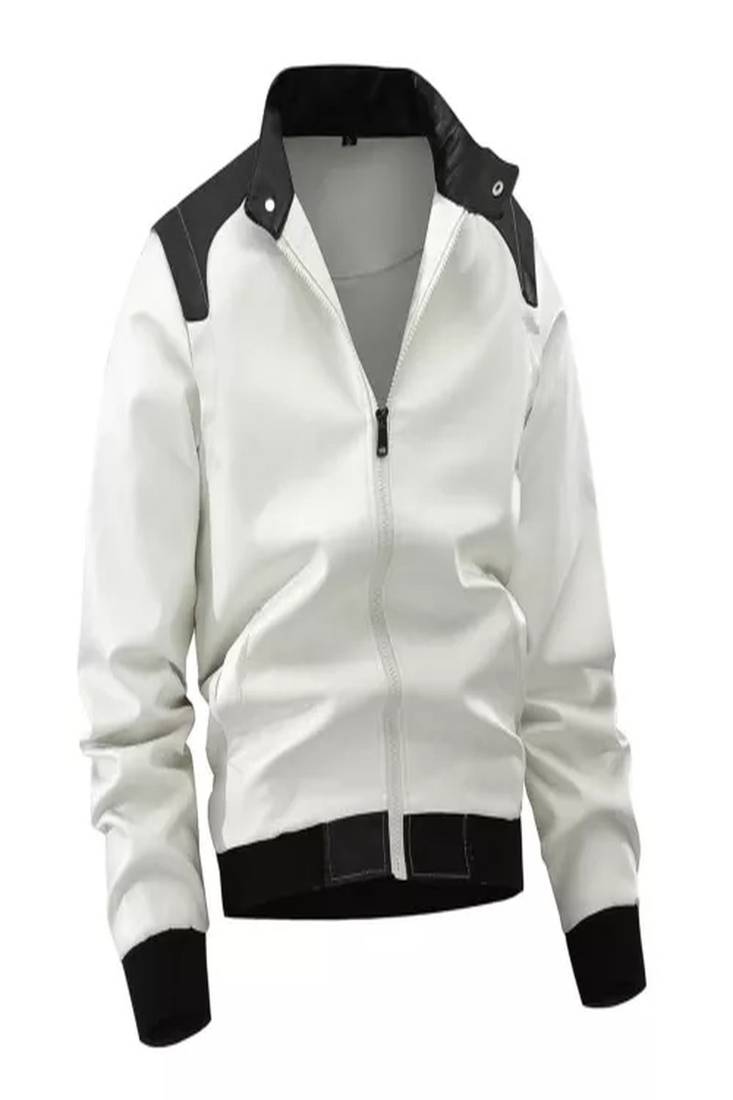 Men's white &black shoulder  genuine lambskin  leather jacket-caf   racer & ribb cuff style