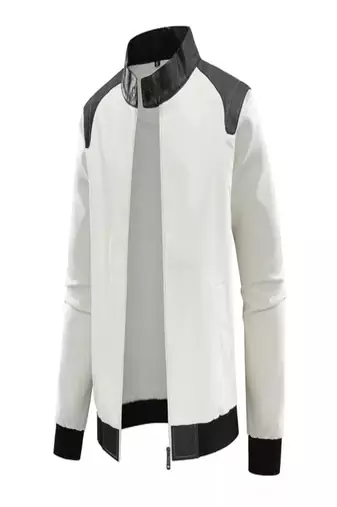 Men's white &black shoulder  genuine lambskin  leather jacket-caf   racer & ribb cuff style