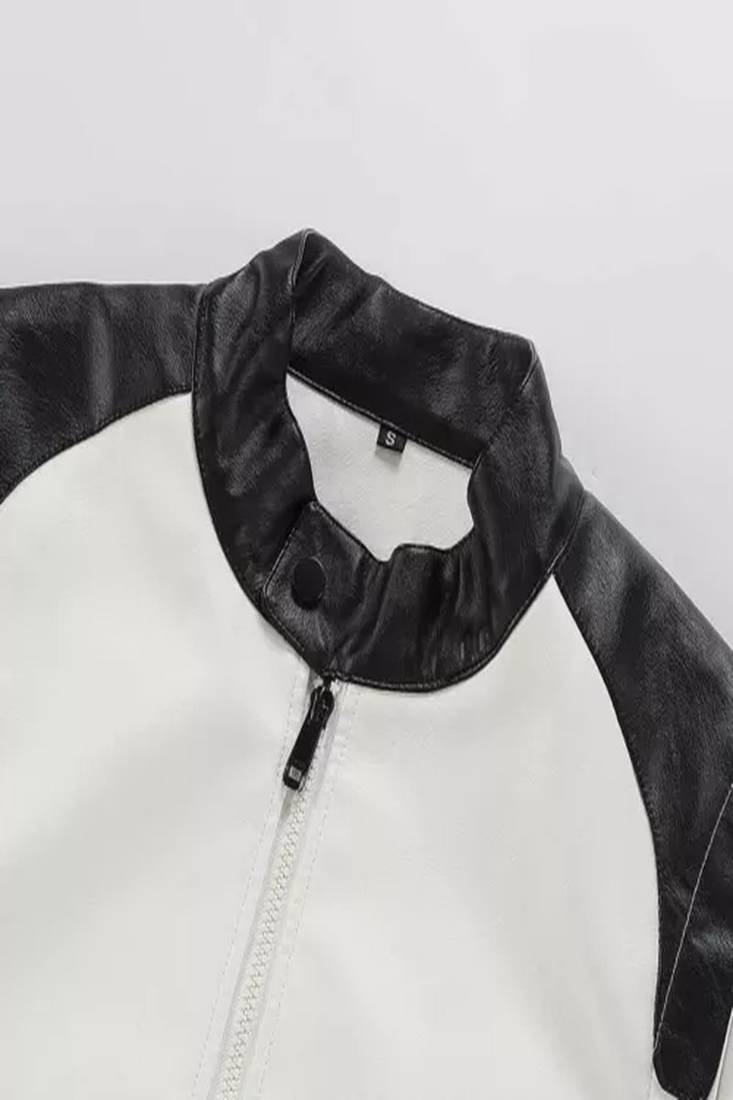 Men's white &black shoulder  genuine lambskin  leather jacket-caf   racer & ribb cuff style