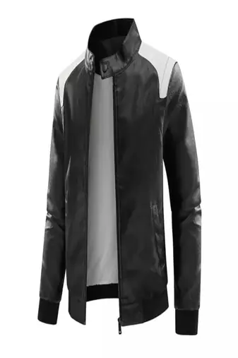 Men's white & black shouldertgenuine leather jacket-caf   racer & ribb cuff style