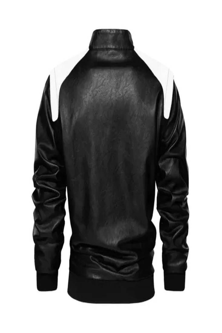 Men's white & black shouldertgenuine leather jacket-caf   racer & ribb cuff style