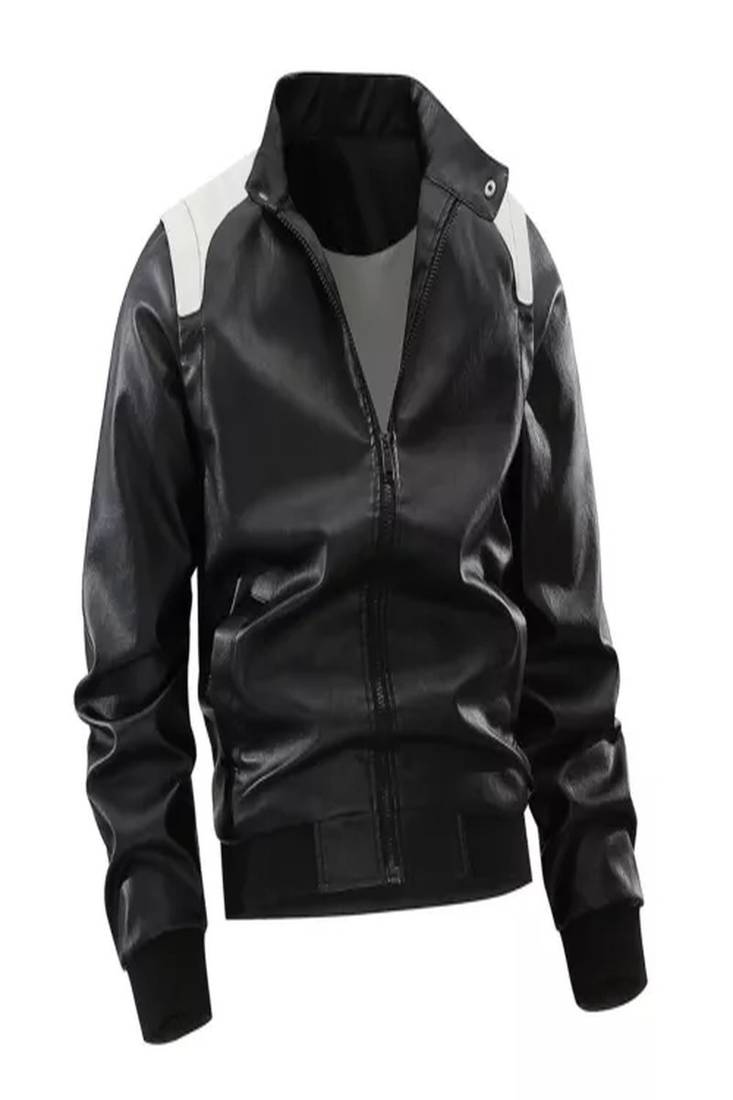 Men's white & black shouldertgenuine leather jacket-caf   racer & ribb cuff style