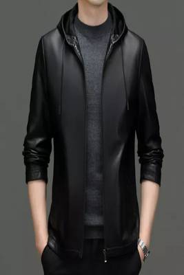 men's black lambskin leather biker jacket hooded biker silhouette premium 1
