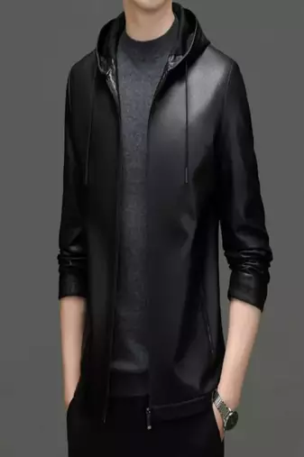 men's black lambskin leather biker jacket hooded biker silhouette premium