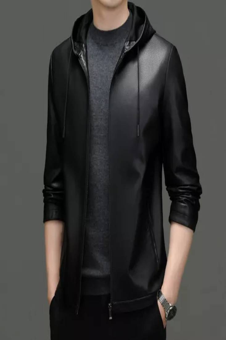 Black genuine soft lambskin leather jacket moto biker jacket hoodie fashion style