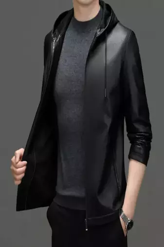 men's black lambskin leather biker jacket hooded biker silhouette premium